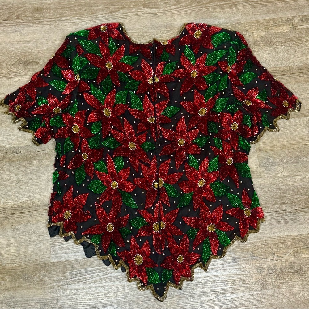 Laurence Kazar Poinsettia Sequin Floral Formal Christmas Blouse - Picture 2 of 7